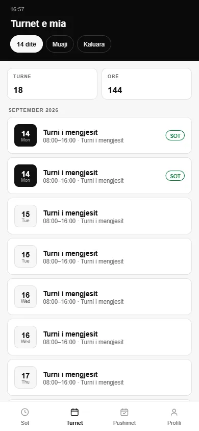 Ekrani i turneve të mia në aplikacionin mobil