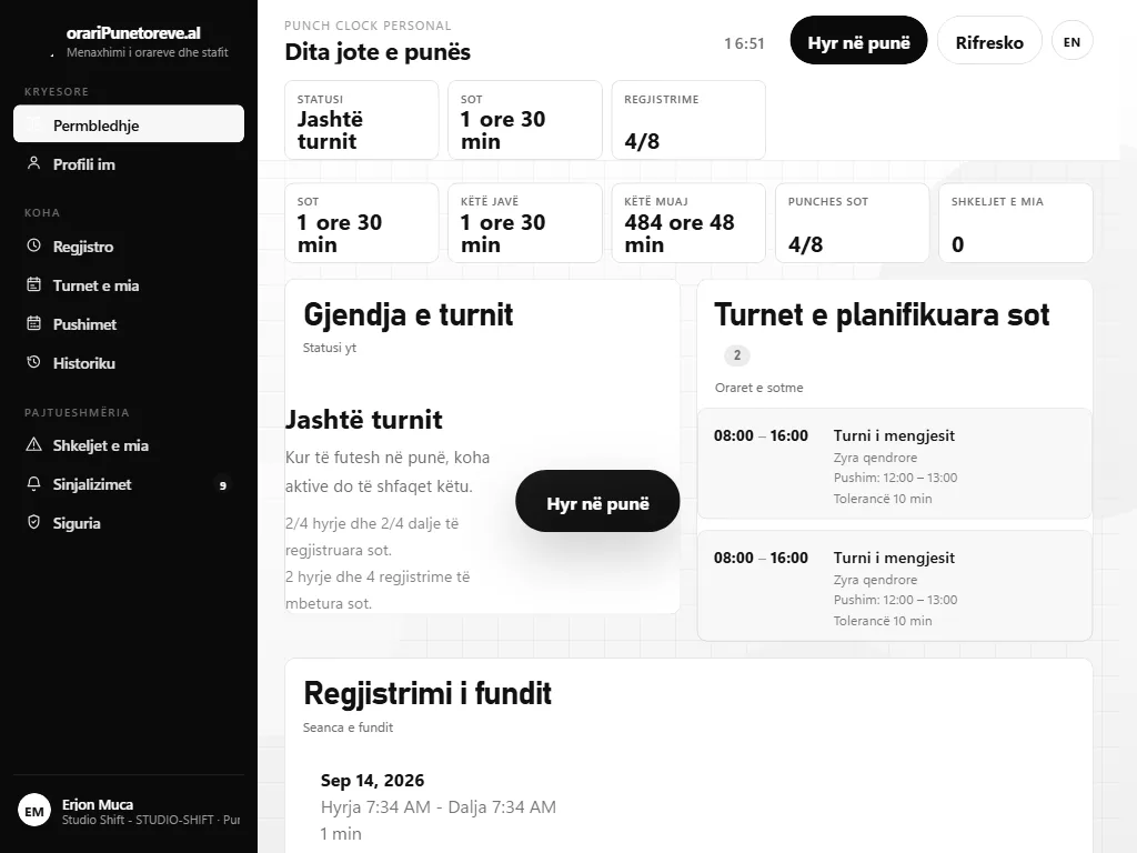 Portali i punëtorit: gjendja e turnit, turnet e planifikuara sot dhe regjistrimi i fundit i punës